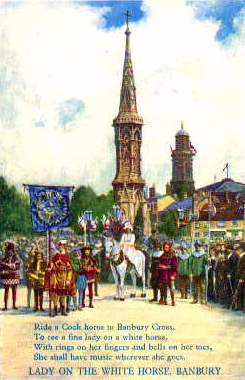 Postcard illustration of the Banbury Cross with a Mediaeval pageant